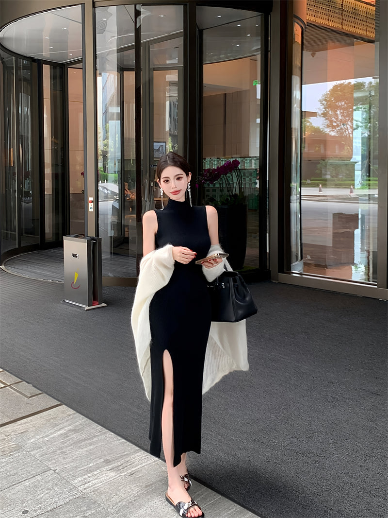 Stylish Sleeveless Black High Collar Maxi Dress Simple Sheath High-Slit Long Dress AP3719