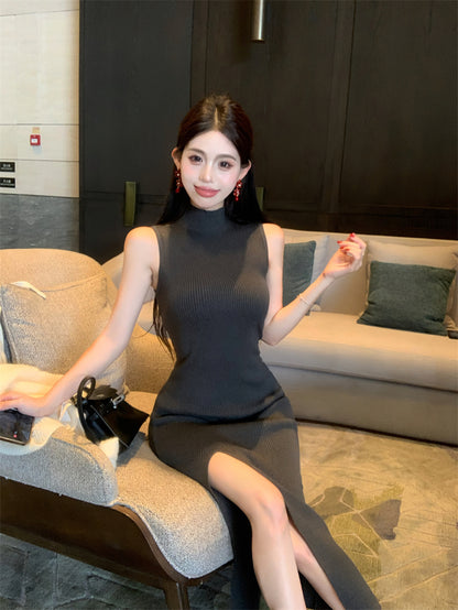Fitted Sheath Sleeveless Grey Maxi Dress Stylish High-Slit High Collar Long Dress AP3720