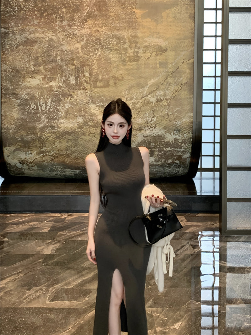 Fitted Sheath Sleeveless Grey Maxi Dress Stylish High-Slit High Collar Long Dress AP3720