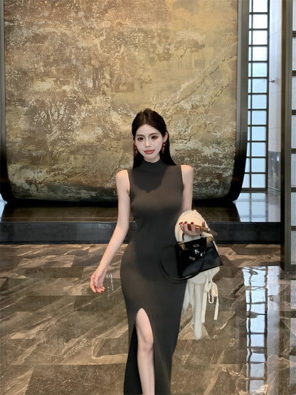 Fitted Sheath Sleeveless Grey Maxi Dress Stylish High-Slit High Collar Long Dress AP3720
