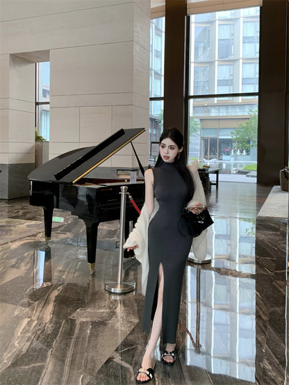 Fitted Sheath Sleeveless Grey Maxi Dress Stylish High-Slit High Collar Long Dress AP3720