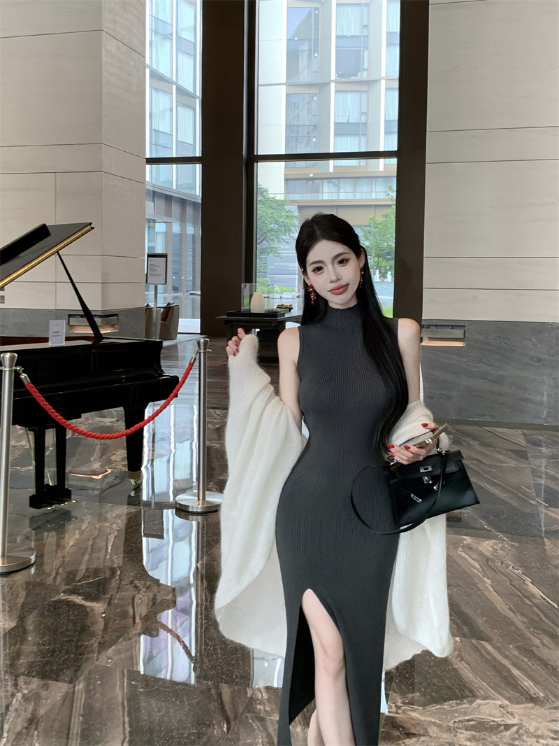 Fitted Sheath Sleeveless Grey Maxi Dress Stylish High-Slit High Collar Long Dress AP3720