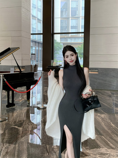 Fitted Sheath Sleeveless Grey Maxi Dress Stylish High-Slit High Collar Long Dress AP3720