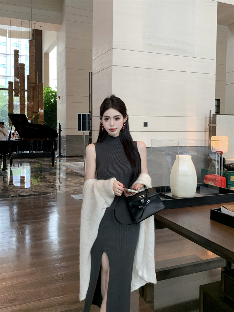 Fitted Sheath Sleeveless Grey Maxi Dress Stylish High-Slit High Collar Long Dress AP3720