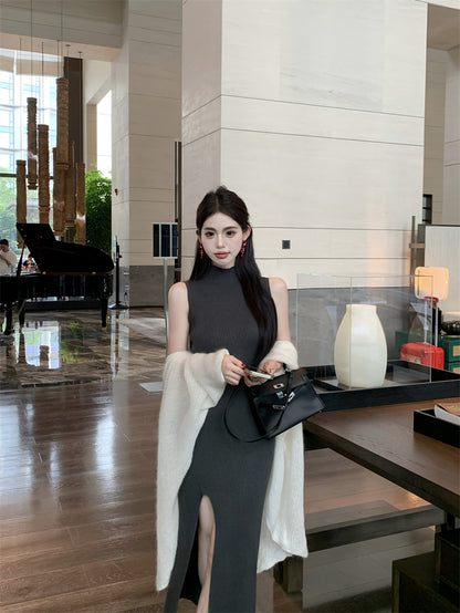 Fitted Sheath Sleeveless Grey Maxi Dress Stylish High-Slit High Collar Long Dress AP3720