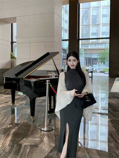 Fitted Sheath Sleeveless Grey Maxi Dress Stylish High-Slit High Collar Long Dress AP3720