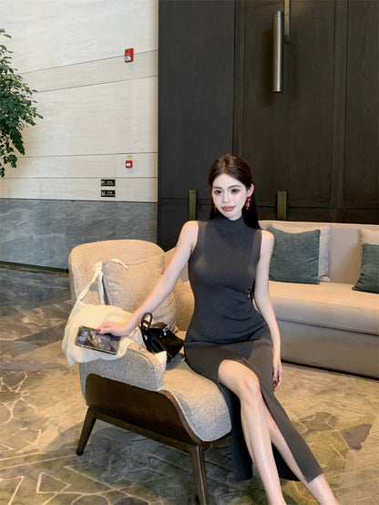 Fitted Sheath Sleeveless Grey Maxi Dress Stylish High-Slit High Collar Long Dress AP3720