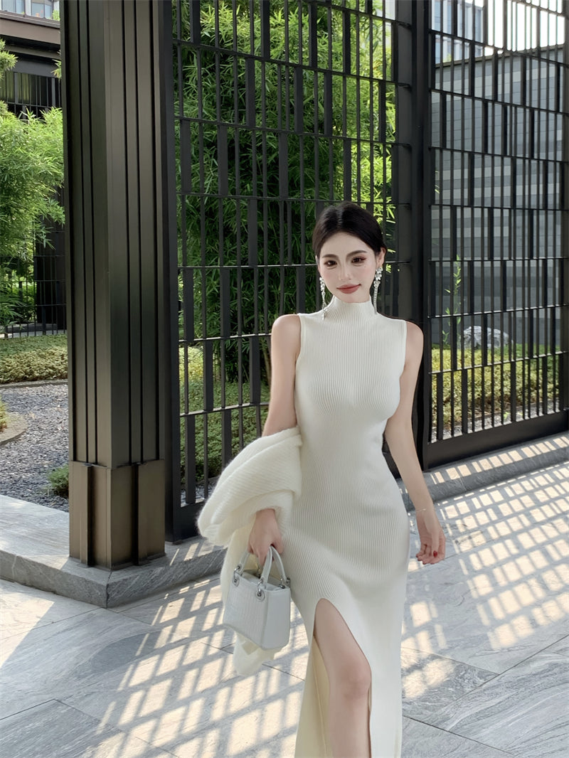 Flattering White Sheath Sleeveless Maxi Dress Minimalism Knitted High-Slit High Collar Long Dress AP3721