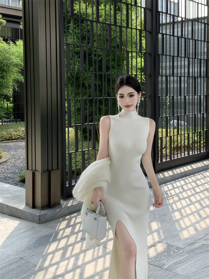 Flattering White Sheath Sleeveless Maxi Dress Minimalism Knitted High-Slit High Collar Long Dress AP3721
