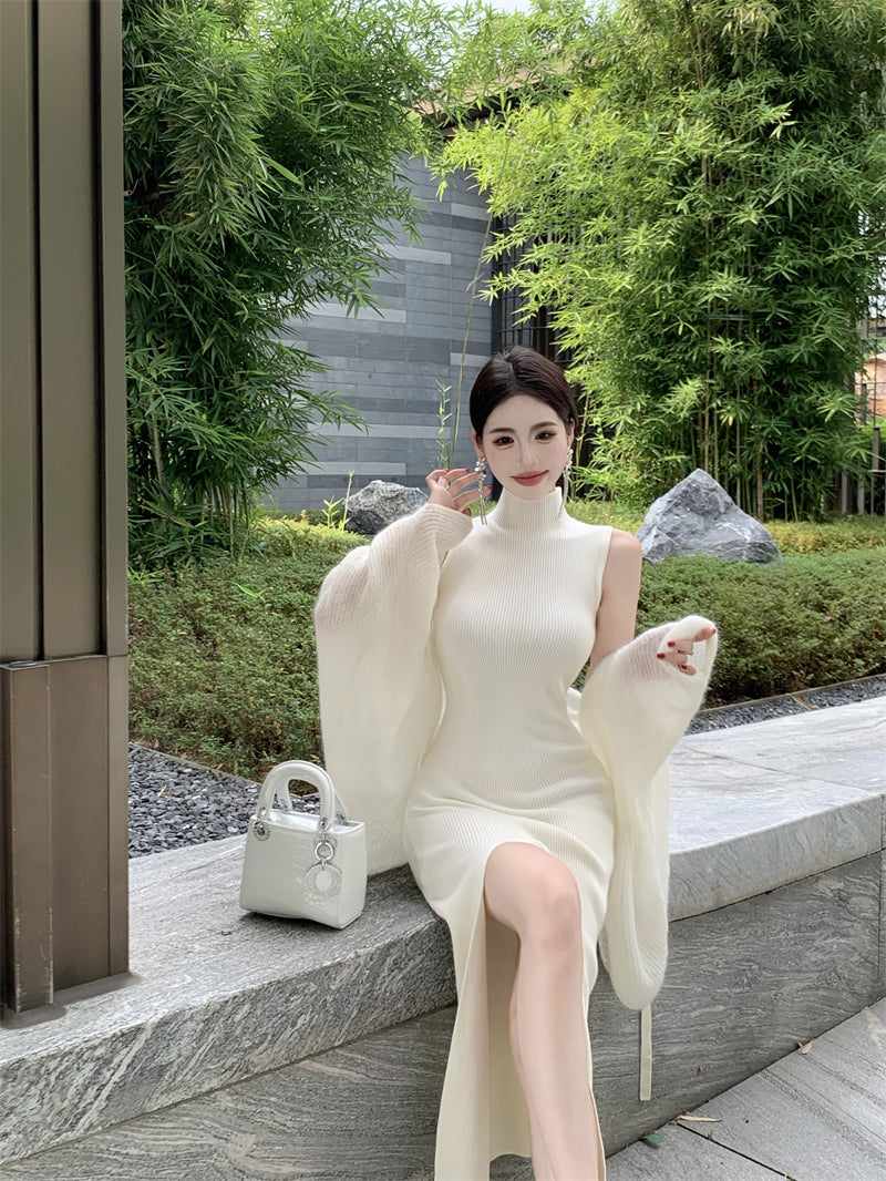 Flattering White Sheath Sleeveless Maxi Dress Minimalism Knitted High-Slit High Collar Long Dress AP3721