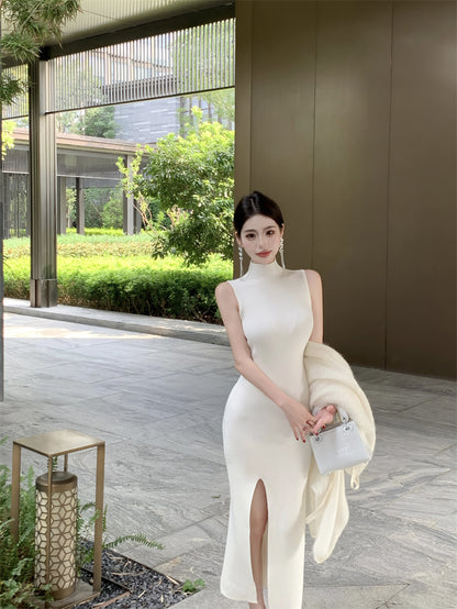 Flattering White Sheath Sleeveless Maxi Dress Minimalism Knitted High-Slit High Collar Long Dress AP3721