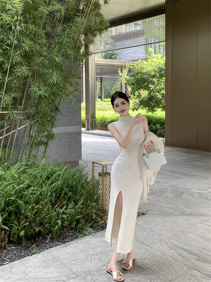 Flattering White Sheath Sleeveless Maxi Dress Minimalism Knitted High-Slit High Collar Long Dress AP3721