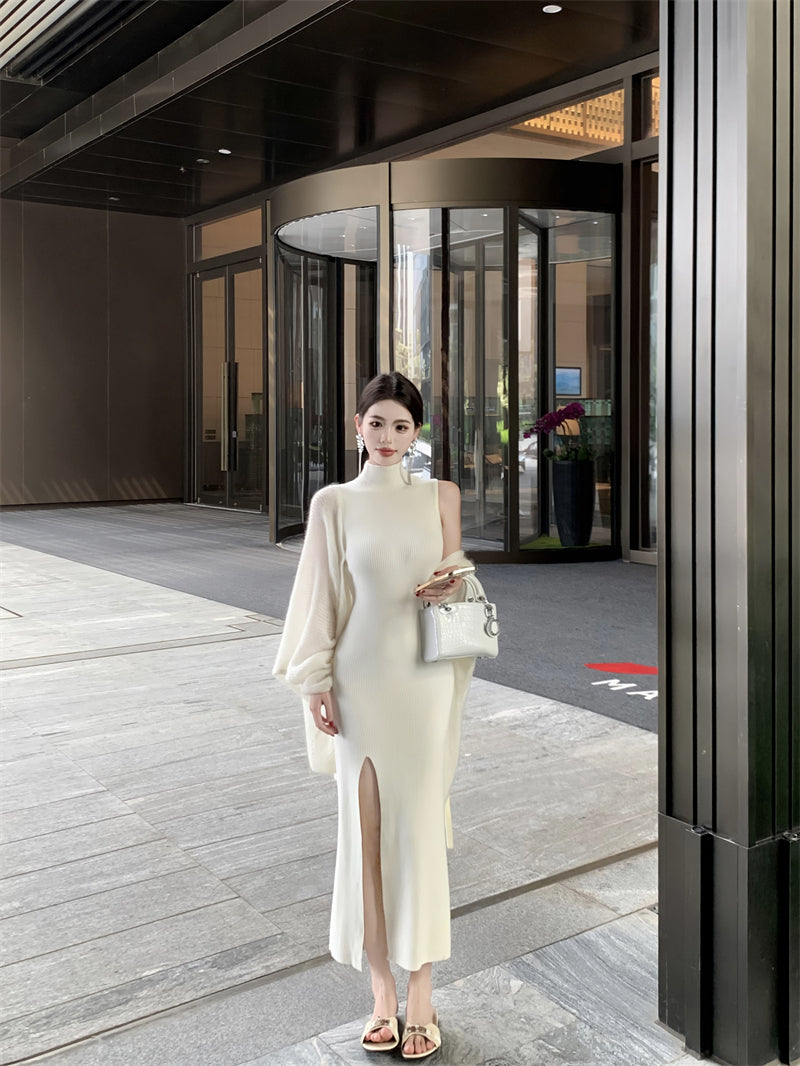 Flattering White Sheath Sleeveless Maxi Dress Minimalism Knitted High-Slit High Collar Long Dress AP3721