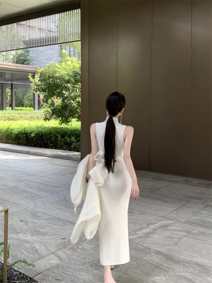 Flattering White Sheath Sleeveless Maxi Dress Minimalism Knitted High-Slit High Collar Long Dress AP3721