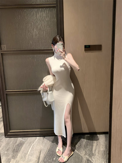 Flattering White Sheath Sleeveless Maxi Dress Minimalism Knitted High-Slit High Collar Long Dress AP3721