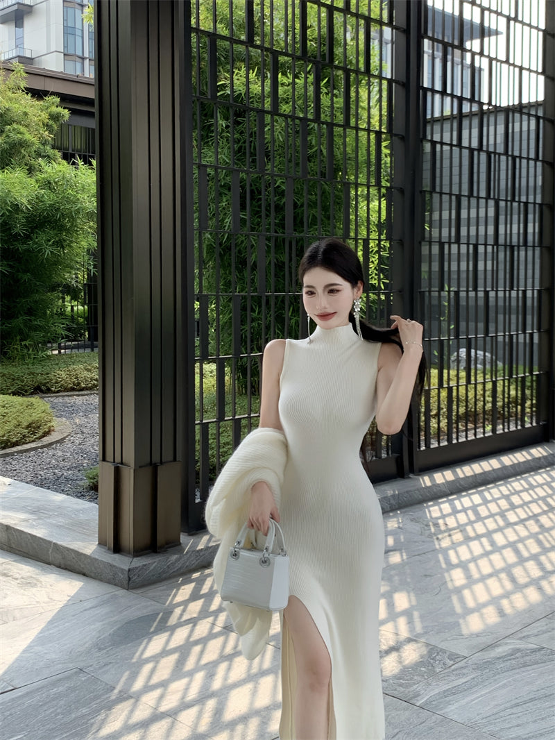 Flattering White Sheath Sleeveless Maxi Dress Minimalism Knitted High-Slit High Collar Long Dress AP3721