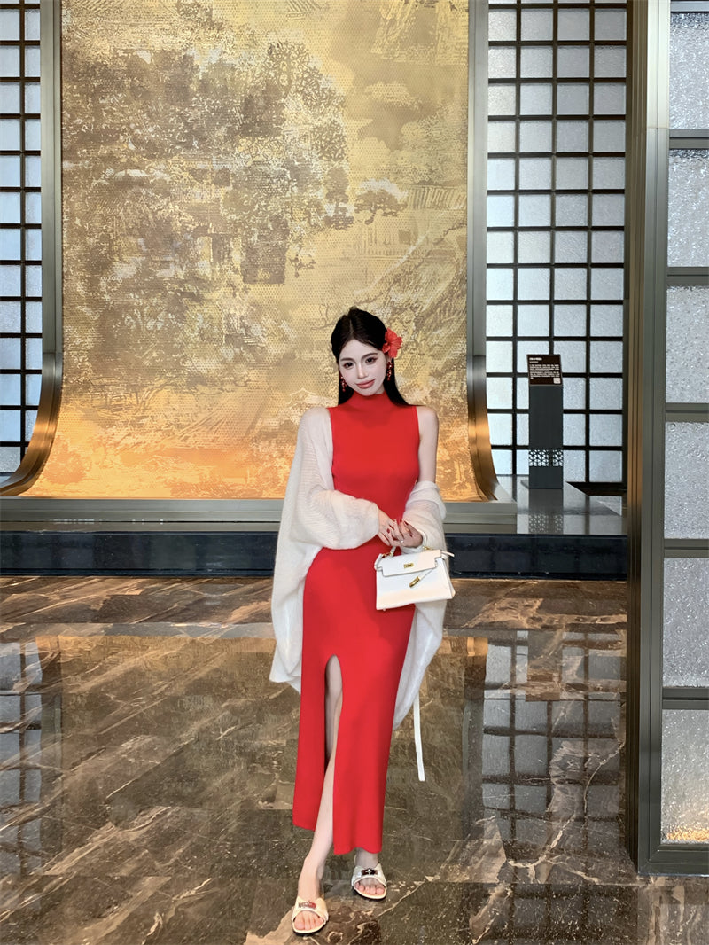 Trendy High-Slit Sleeveless Red Maxi Dress Vibrant Sheath Knitted High Collar Long Dress AP3722