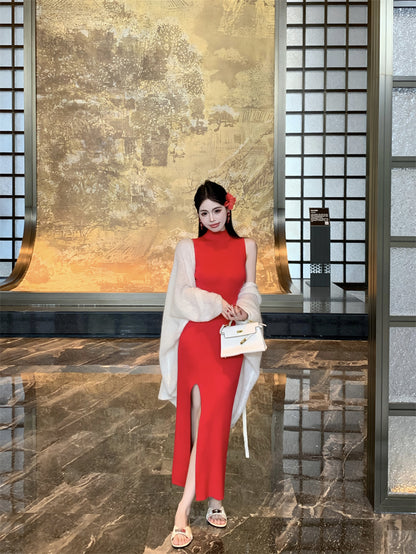 Trendy High-Slit Sleeveless Red Maxi Dress Vibrant Sheath Knitted High Collar Long Dress AP3722