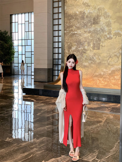 Trendy High-Slit Sleeveless Red Maxi Dress Vibrant Sheath Knitted High Collar Long Dress AP3722