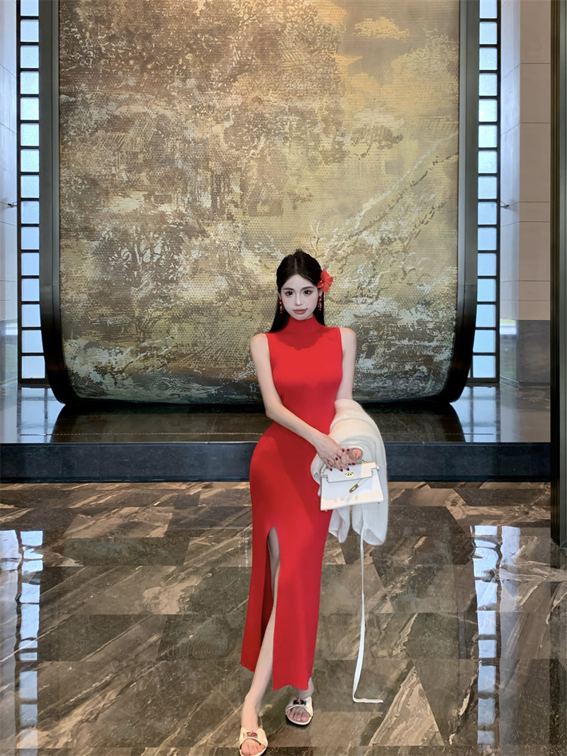 Trendy High-Slit Sleeveless Red Maxi Dress Vibrant Sheath Knitted High Collar Long Dress AP3722