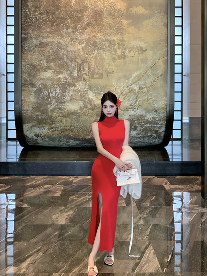 Trendy High-Slit Sleeveless Red Maxi Dress Vibrant Sheath Knitted High Collar Long Dress AP3722