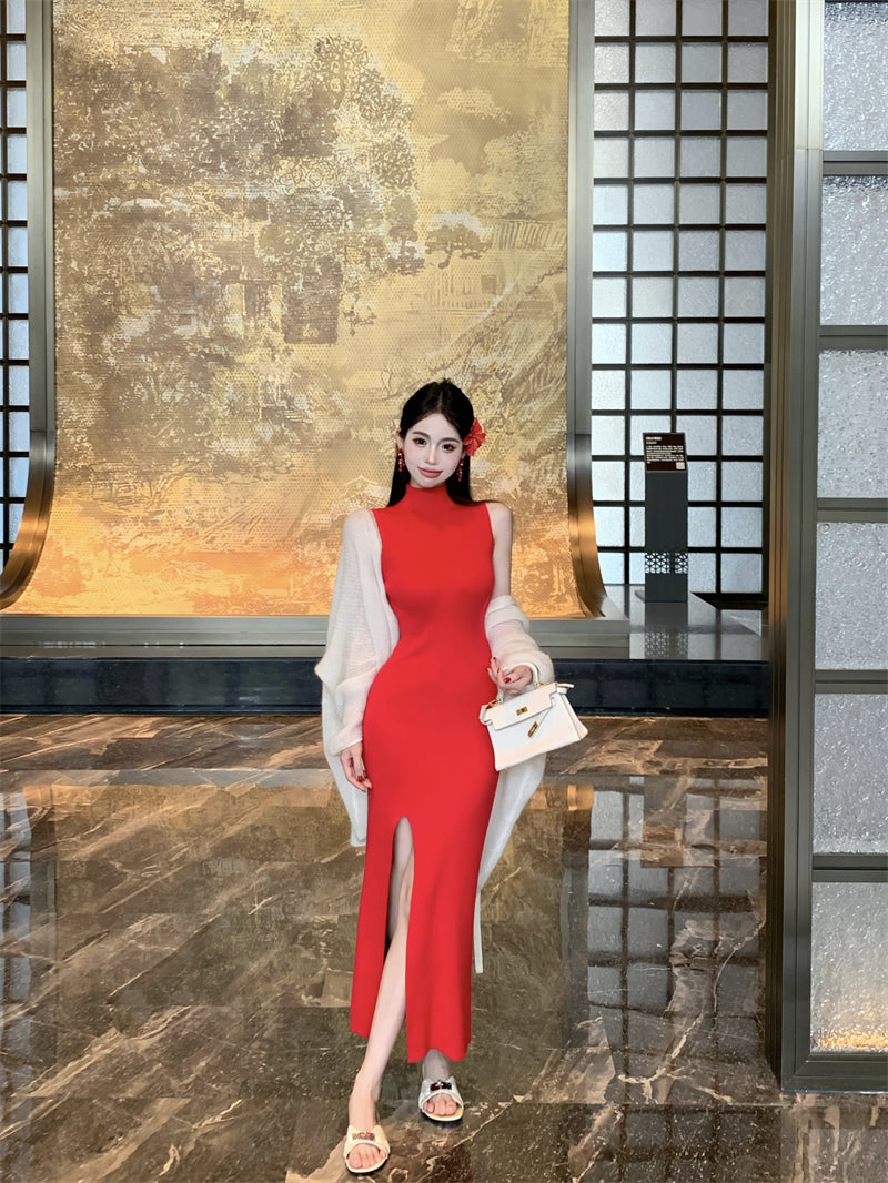 Trendy High-Slit Sleeveless Red Maxi Dress Vibrant Sheath Knitted High Collar Long Dress AP3722