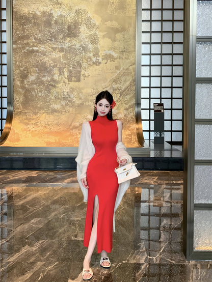 Trendy High-Slit Sleeveless Red Maxi Dress Vibrant Sheath Knitted High Collar Long Dress AP3722