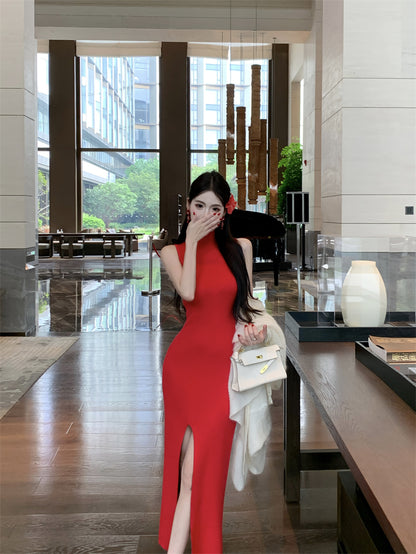 Trendy High-Slit Sleeveless Red Maxi Dress Vibrant Sheath Knitted High Collar Long Dress AP3722