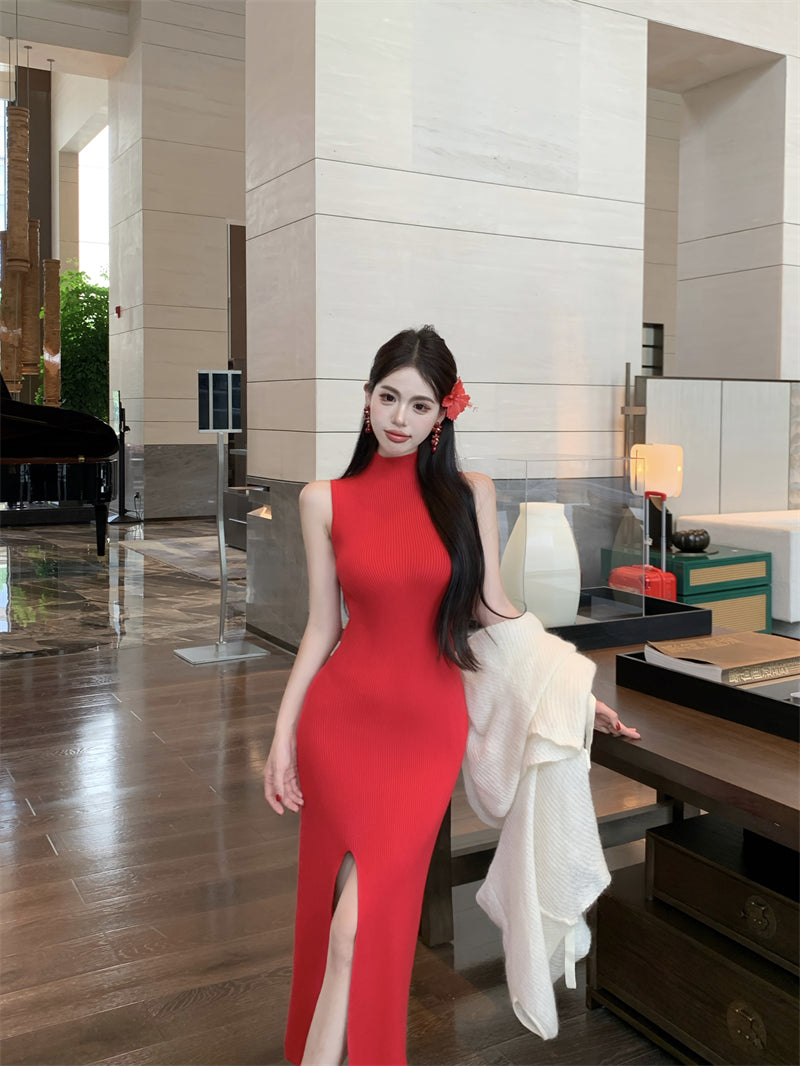 Trendy High-Slit Sleeveless Red Maxi Dress Vibrant Sheath Knitted High Collar Long Dress AP3722