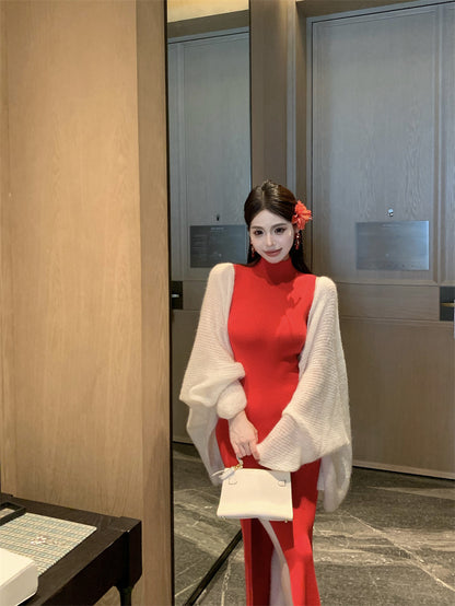 Trendy High-Slit Sleeveless Red Maxi Dress Vibrant Sheath Knitted High Collar Long Dress AP3722