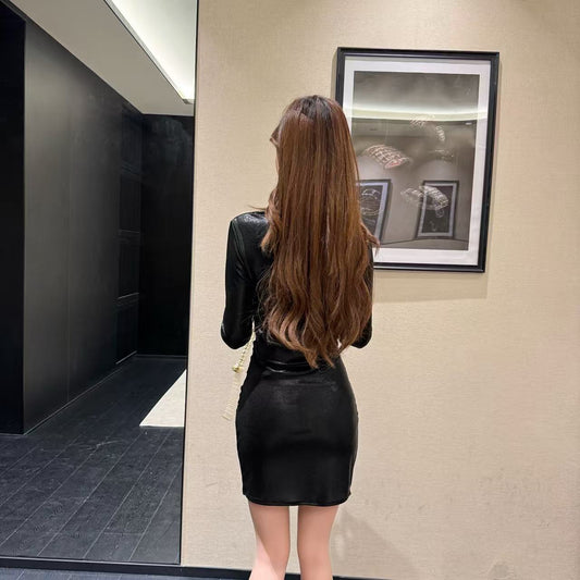 Attractive Square Neck Parties Outfit Ruched Mini Skirt Sheen Bodycon Long Sleeve Short Dress AP3723