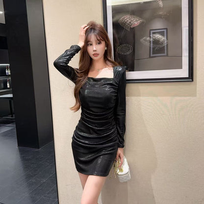 Attractive Square Neck Parties Outfit Ruched Mini Skirt Sheen Bodycon Long Sleeve Short Dress AP3723