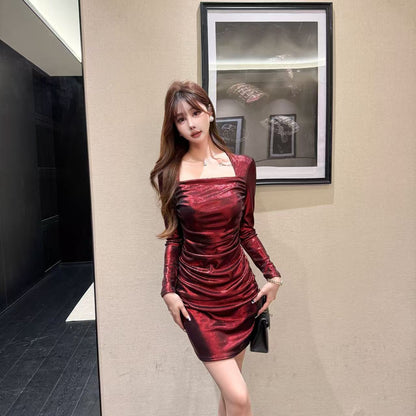 Sexy Parties Outfit Red Square Neck Mini Skirt Vibrant Ruched Long Sleeve Bodycon Short Dress AP3724