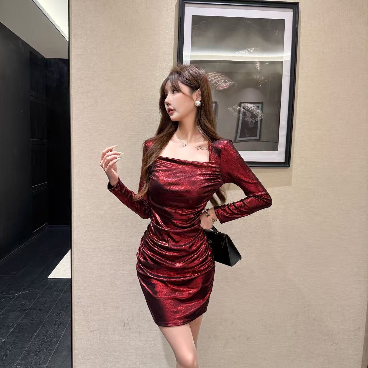 Sexy Parties Outfit Red Square Neck Mini Skirt Vibrant Ruched Long Sleeve Bodycon Short Dress AP3724