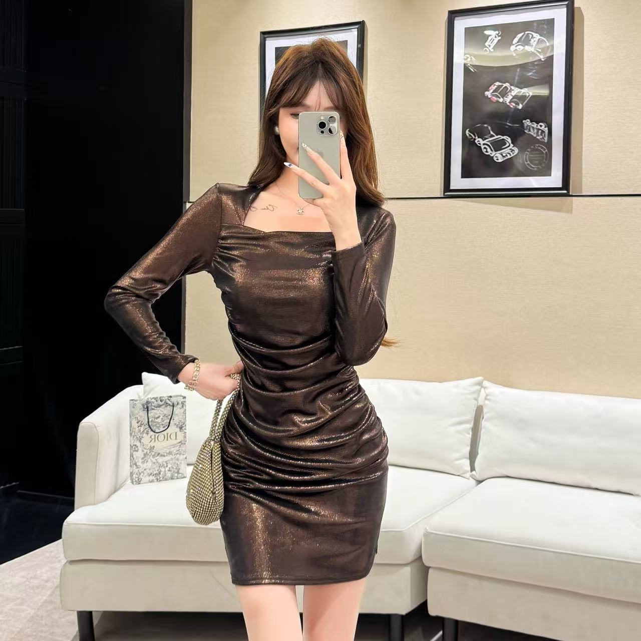 Vogue Long Sleeve Parties Outfit Bodycon Mini Skirt Vintage Ruched Square Neck Short Dress AP3725