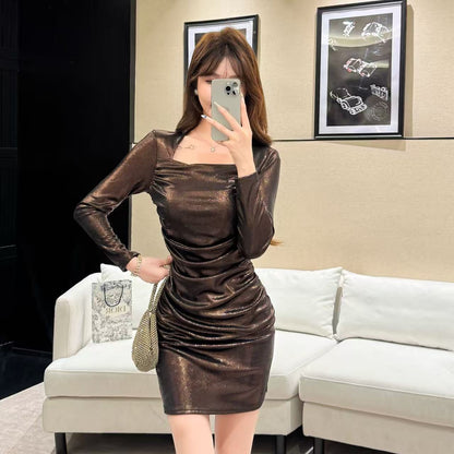 Vogue Long Sleeve Parties Outfit Bodycon Mini Skirt Vintage Ruched Square Neck Short Dress AP3725