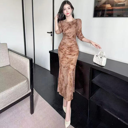 Modern Long Sleeve Sheath Ruched Maxi Dress Vintage Jewel Neck Floral Print Long Dress AP3726