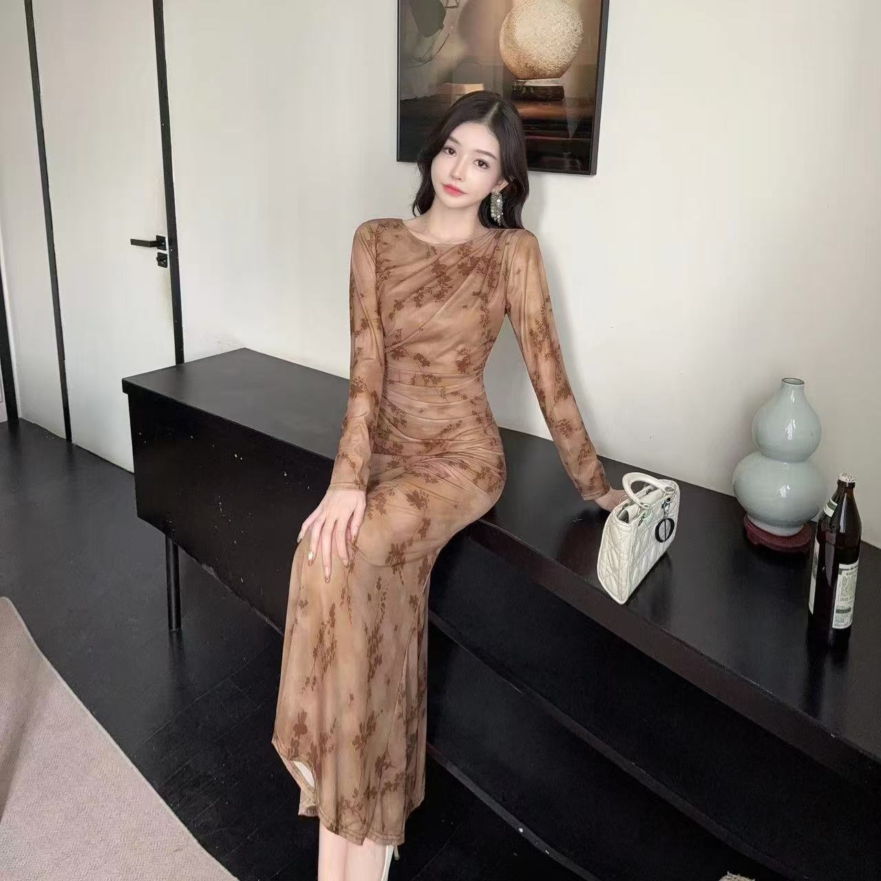 Modern Long Sleeve Sheath Ruched Maxi Dress Vintage Jewel Neck Floral Print Long Dress AP3726