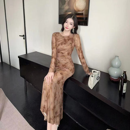 Modern Long Sleeve Sheath Ruched Maxi Dress Vintage Jewel Neck Floral Print Long Dress AP3726