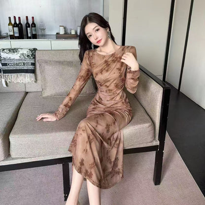 Modern Long Sleeve Sheath Ruched Maxi Dress Vintage Jewel Neck Floral Print Long Dress AP3726