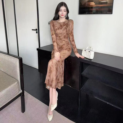 Modern Long Sleeve Sheath Ruched Maxi Dress Vintage Jewel Neck Floral Print Long Dress AP3726