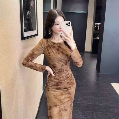 Modern Long Sleeve Sheath Ruched Maxi Dress Vintage Jewel Neck Floral Print Long Dress AP3726