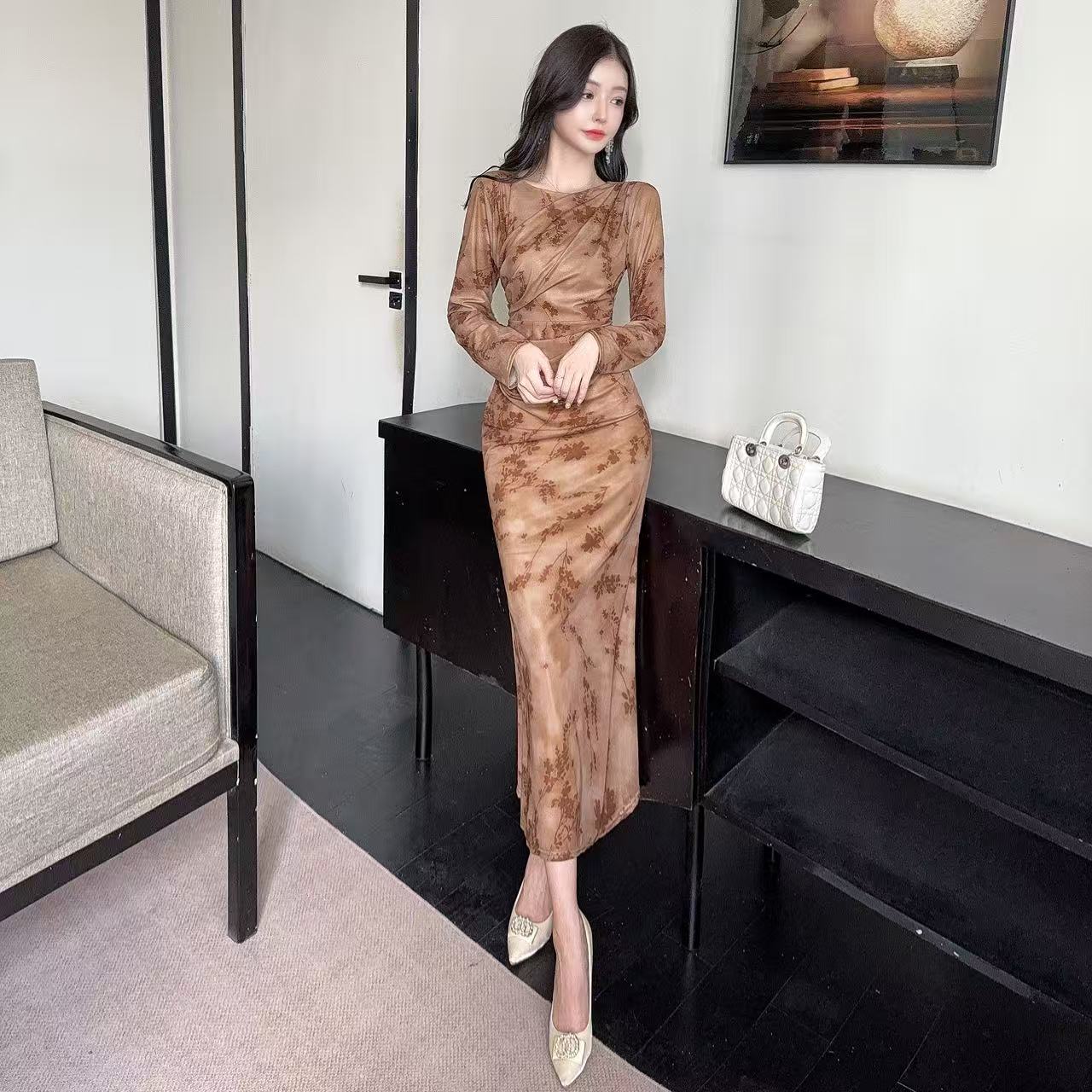 Modern Long Sleeve Sheath Ruched Maxi Dress Vintage Jewel Neck Floral Print Long Dress AP3726