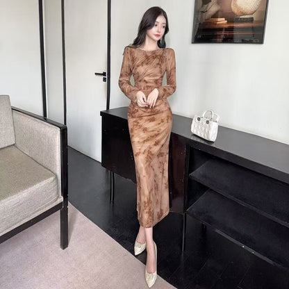 Modern Long Sleeve Sheath Ruched Maxi Dress Vintage Jewel Neck Floral Print Long Dress AP3726