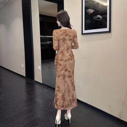 Modern Long Sleeve Sheath Ruched Maxi Dress Vintage Jewel Neck Floral Print Long Dress AP3726