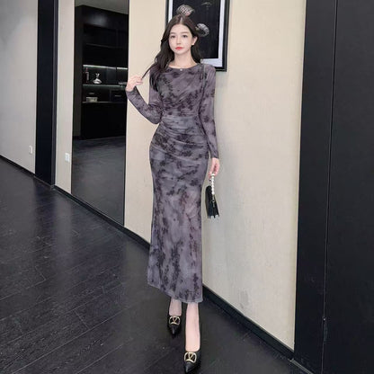 Pretty Jewel Neck Long Sleeve Maxi Dress Charming Sheath Floral Print Ruched Long Dress AP3727