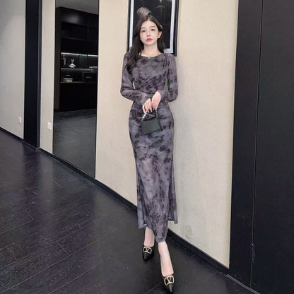 Pretty Jewel Neck Long Sleeve Maxi Dress Charming Sheath Floral Print Ruched Long Dress AP3727