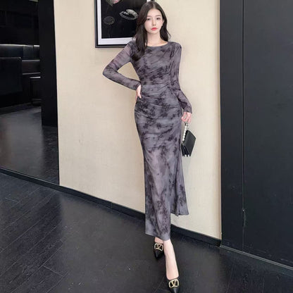 Pretty Jewel Neck Long Sleeve Maxi Dress Charming Sheath Floral Print Ruched Long Dress AP3727