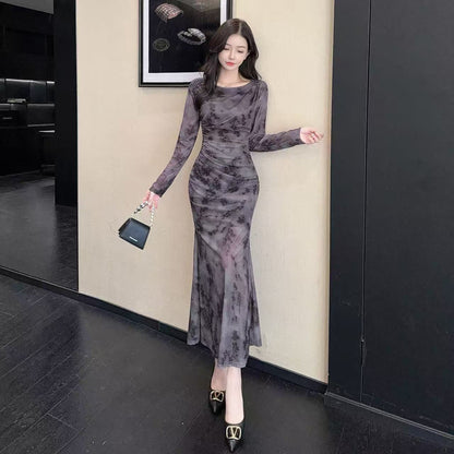 Pretty Jewel Neck Long Sleeve Maxi Dress Charming Sheath Floral Print Ruched Long Dress AP3727