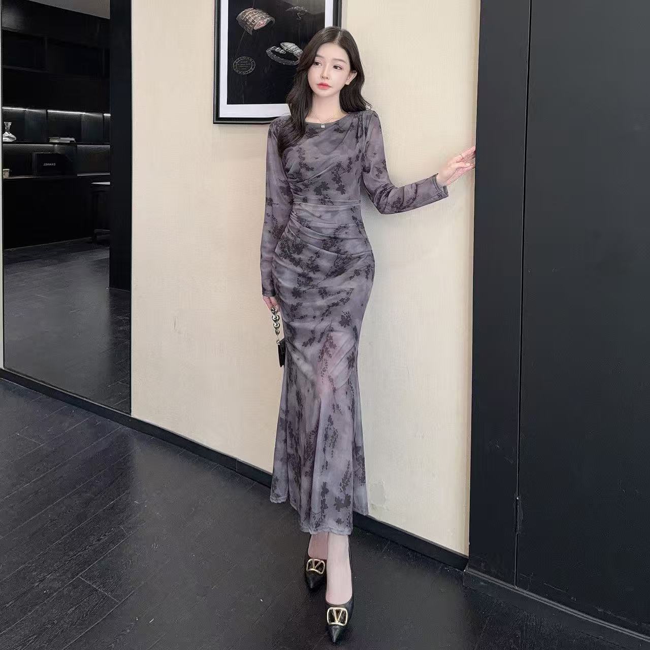 Pretty Jewel Neck Long Sleeve Maxi Dress Charming Sheath Floral Print Ruched Long Dress AP3727